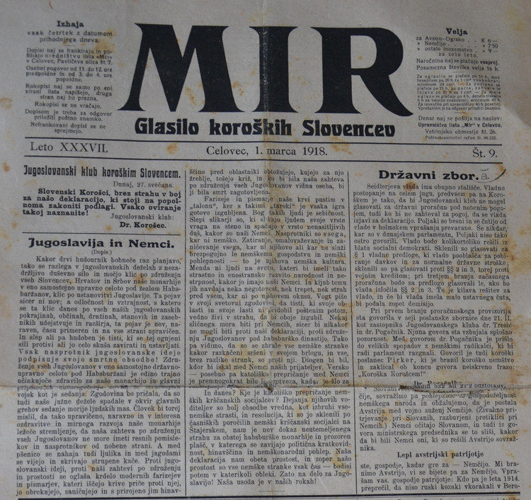 Titelblatt der seit 1881 in Klagenfurt erscheinenden Zeitung "Mir" vom 1. März 1918