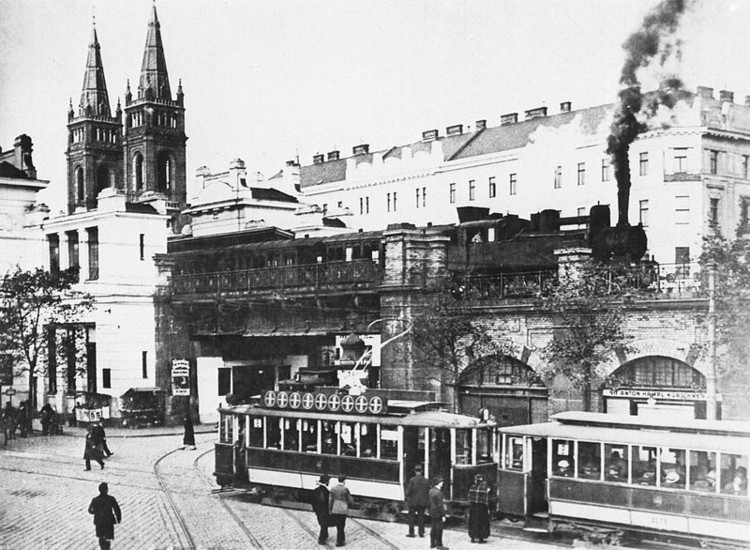 Stadtbahn Station Josefstädterstraße mit einem dampfbetriebenen Triebwagen