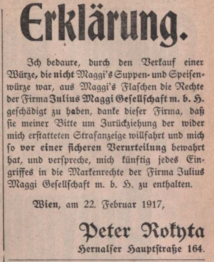 Schwindel mit Suppenwürze, Anzeige im Mährischen Tagblatt