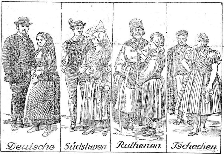 Volkstrachten aus den 4 Nationen der österreichischen Reichshälfte 1918