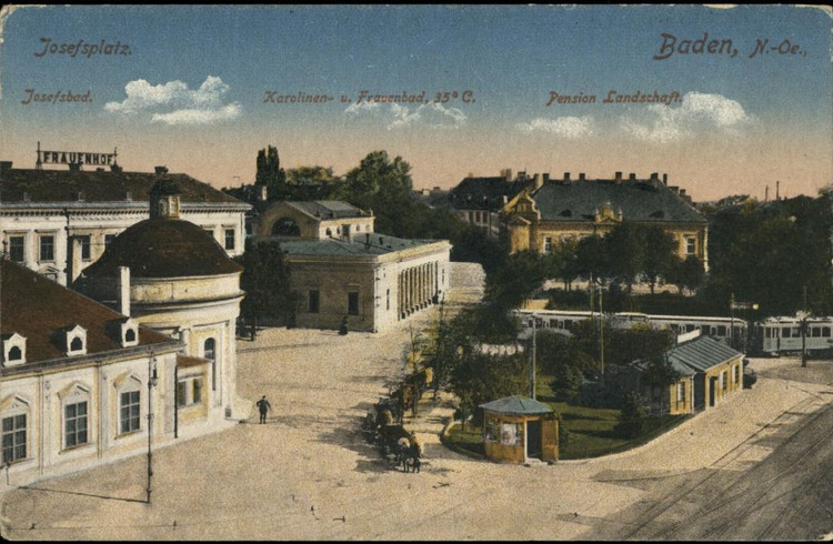Baden, Josefsplatz mit einer Garnitur der "Elektrischen" nach Wien (Badener Bahn) im Jahr 1919