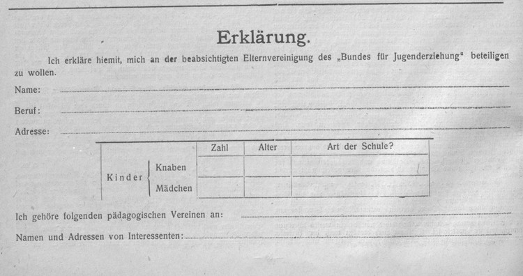 Beitrittserklärung zum "Bund für Jugenderziehung"