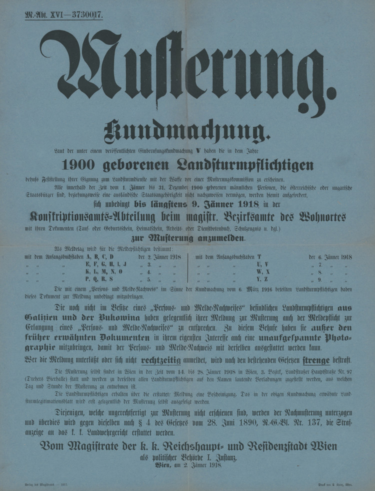 Einberufungsbefehl im Jänner 1918